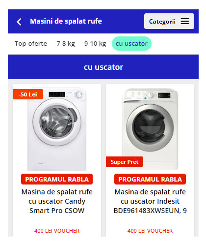 oferta eMAG mașini spălat rufe cu uscător voucher rabla electrocasnice